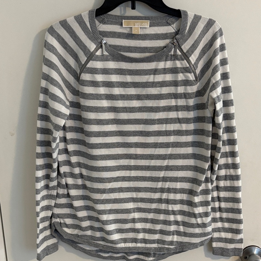 Michael Kors Gray & White Striped Zip-Shoulder Sweater